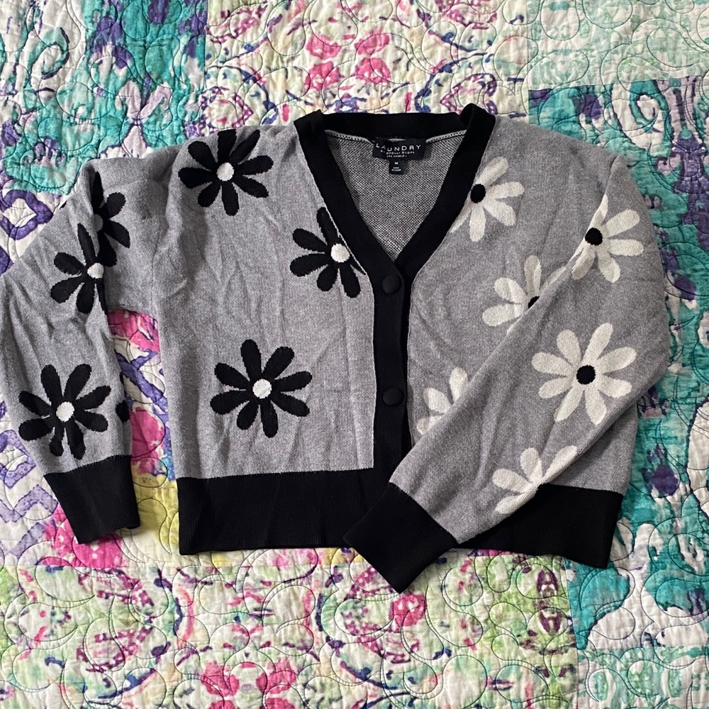 Laundry By Shelli Segal Gray and Black Floral Cardigan
